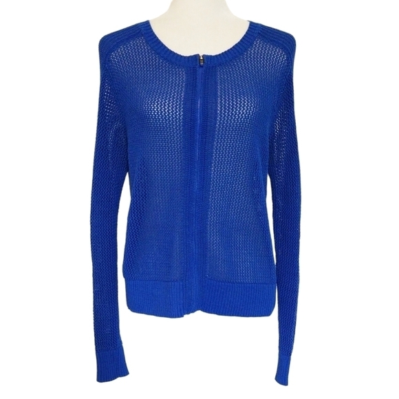 Athleta Blue Open Knit Full Zip Scoop Neck Long Sleeve Cardigan Sweater - Picture 1 of 8